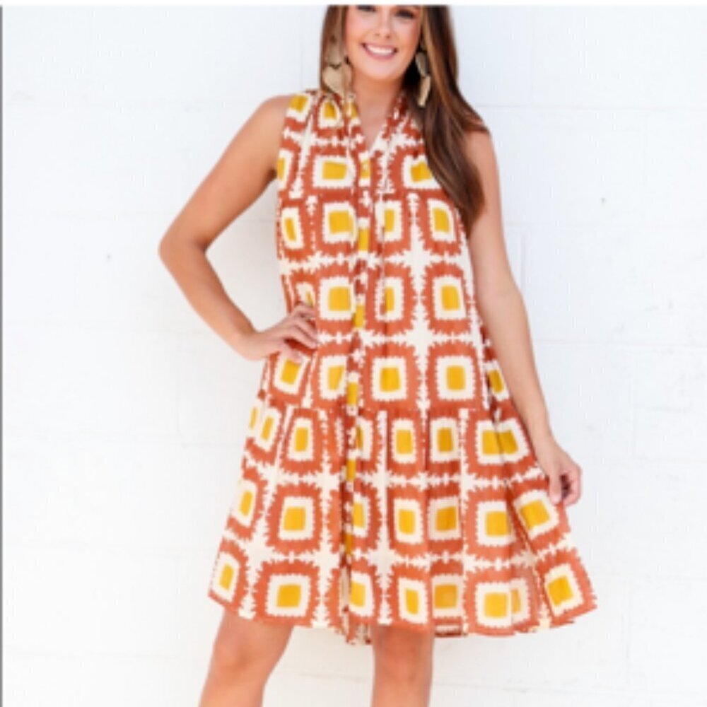 Sleeveless Orange Geometric Mini Dress